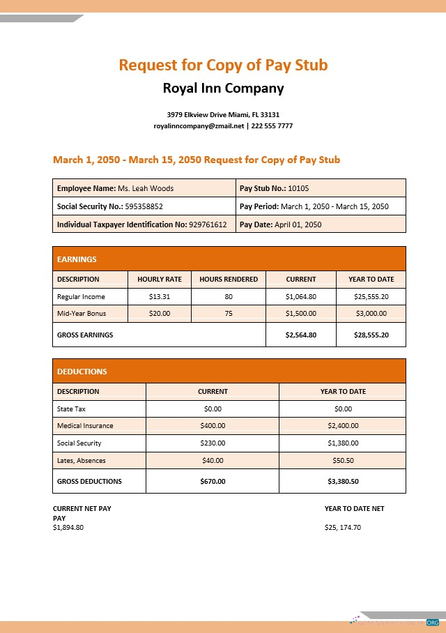 Download Royal Inn company pay stub in PDF and Word formats Photoshop template